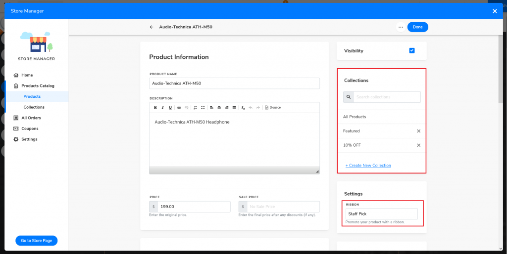 Product information page. This is where you can edit the your product details, add products to collections, and add ribbons to promote your product