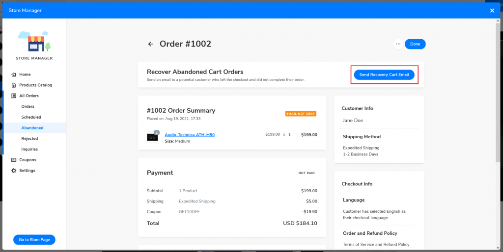 After clicking Send Recovery Cart Email, the system will send an email to your potential customers to the email that they have inputted