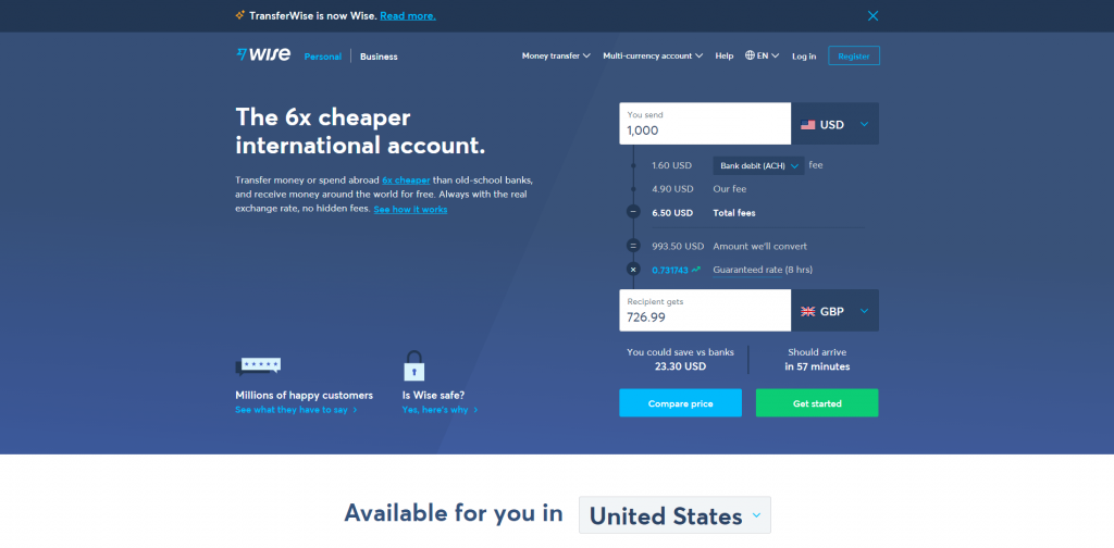 Screensht: TransferWise landing page