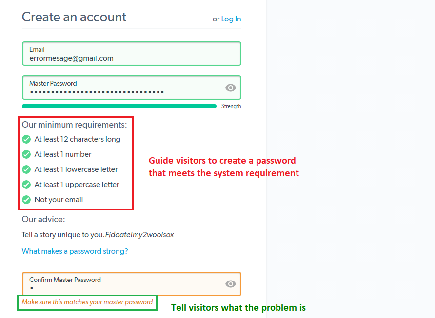 LastPass uses error messages to guide users to create a secured password