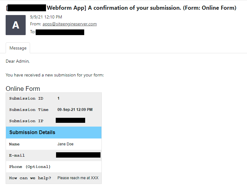 Submission notification email example