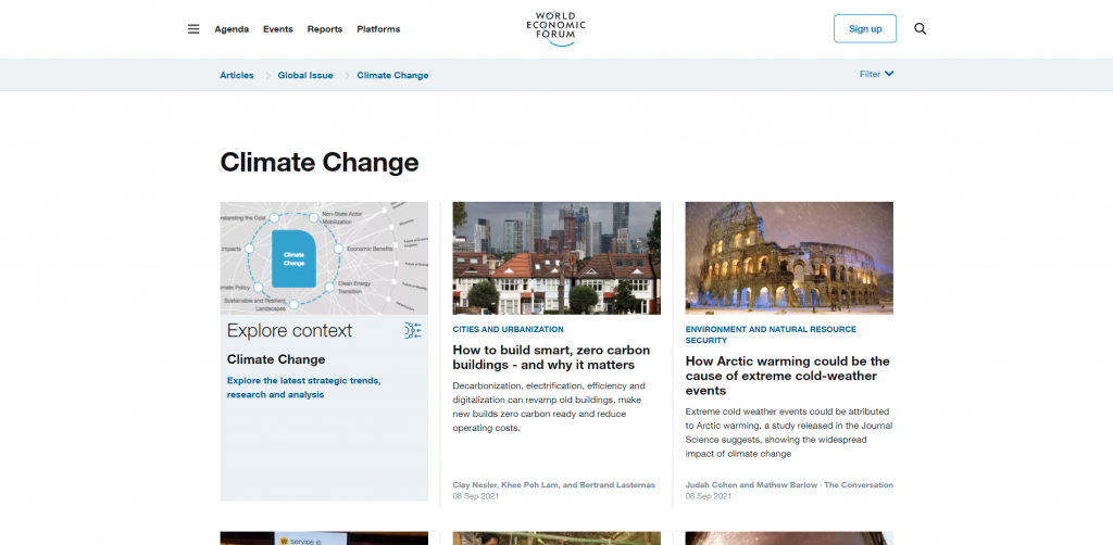 A list of World Economic Forum blog articles about "Climate Change"