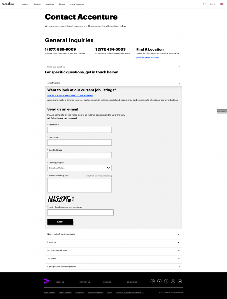 Accenture crafted different web forms for different customer inquiries, each asking for different things