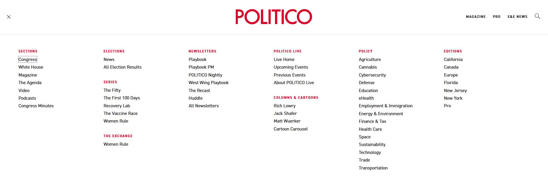 Example of a clear and easy to use navigation from Politico (Mega Menu)