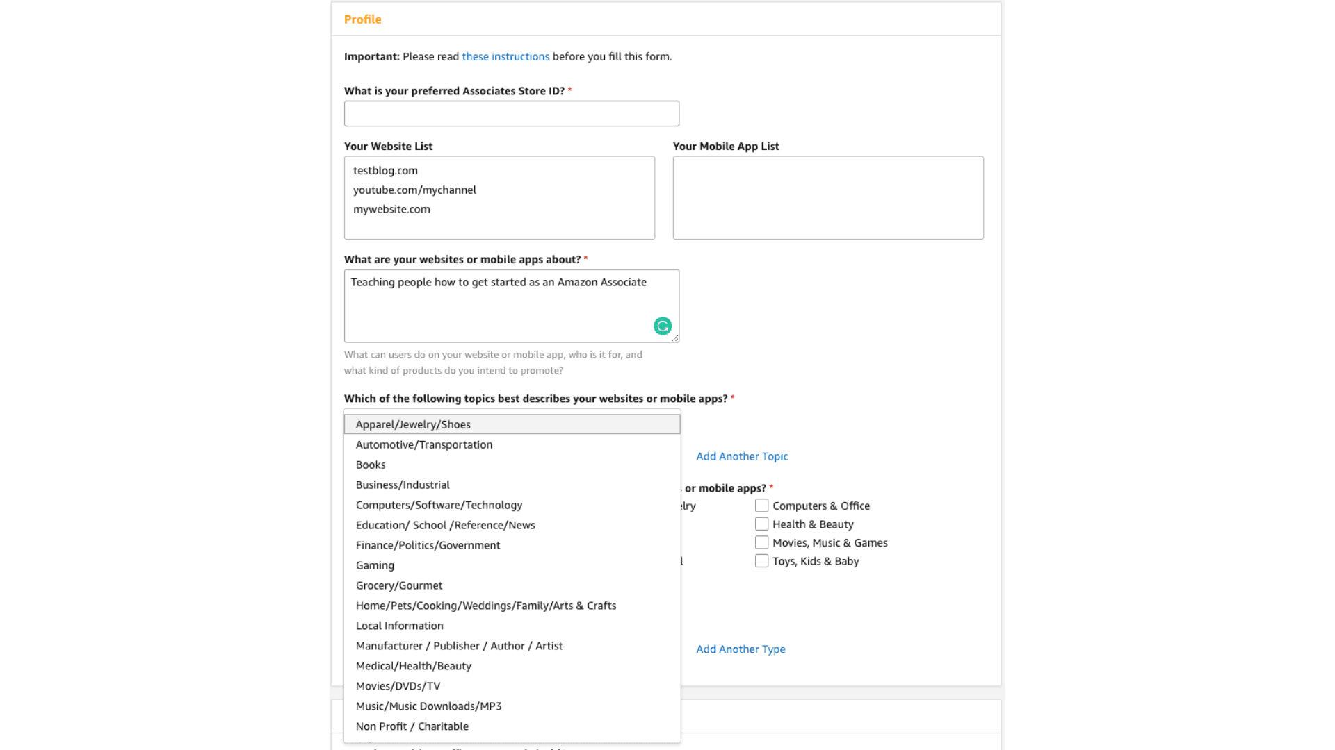 Amazon Affiliate Program Sign Up Fill Out Details