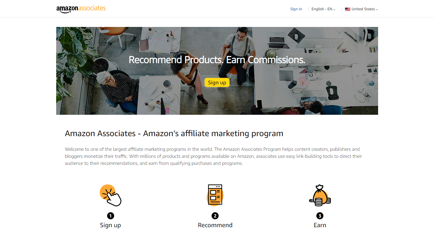 Amazon Affiliate Program Associates Sign Up Page