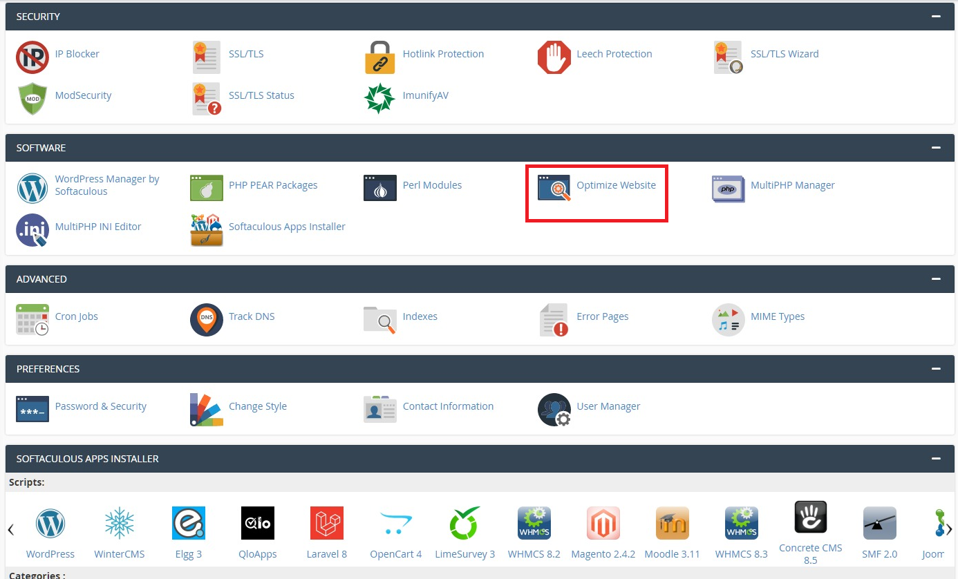 Art 15 cpanel optimize website button