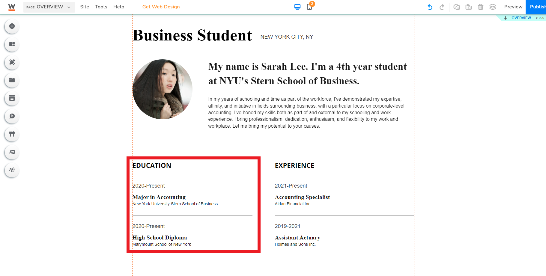 Website resume education
